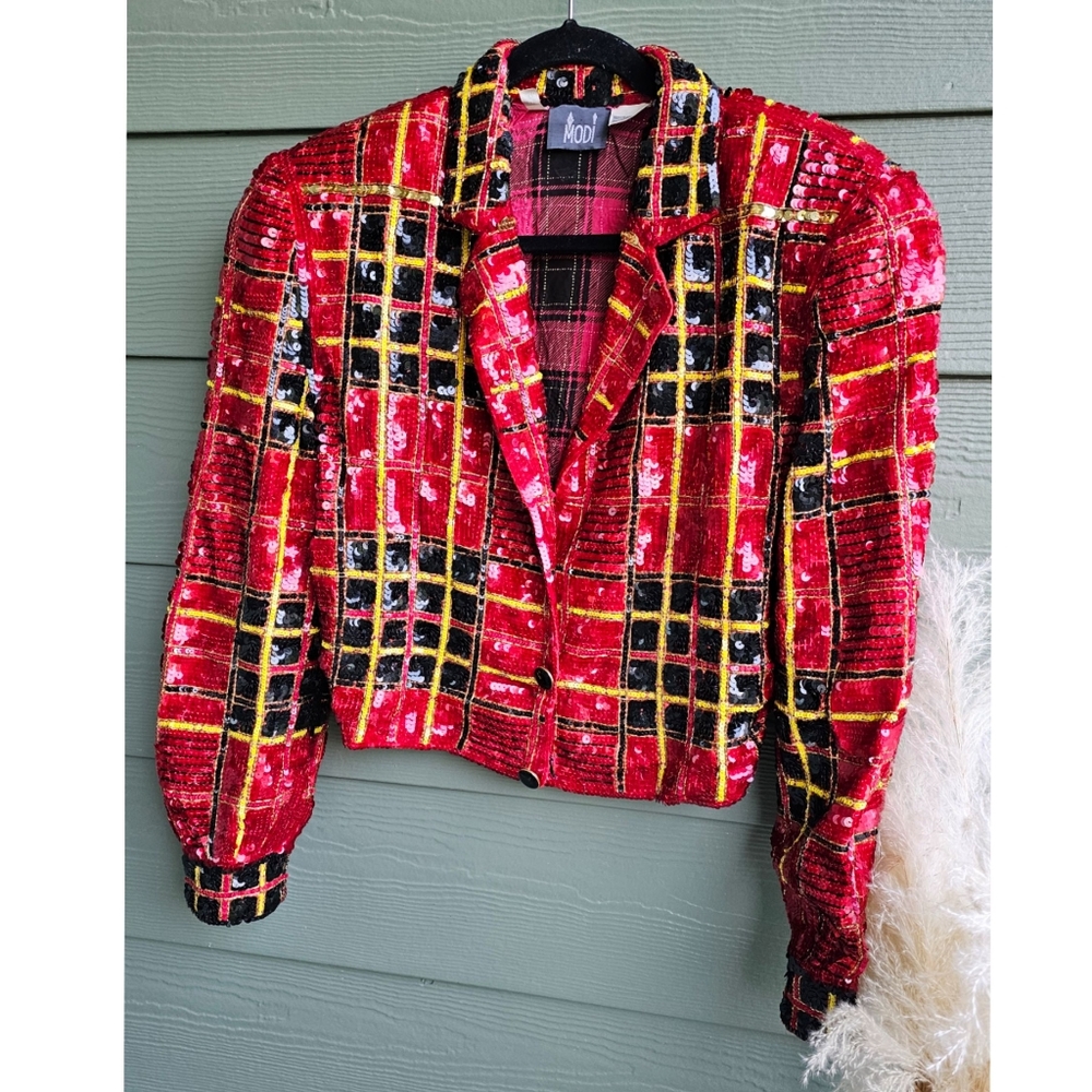 Vintage Modi Red Plaid Pattern Sequined Jacket